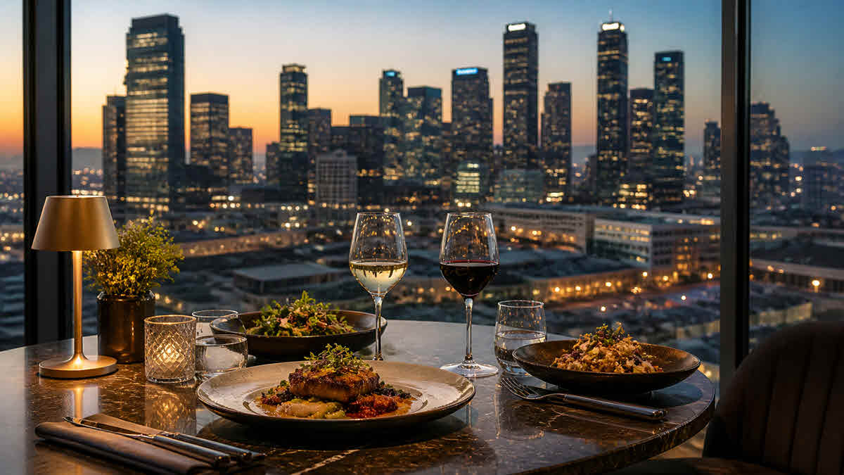Fine dining in Downtown Los Angeles with skyline view at sunset, luxury rooftop restaurant experience California