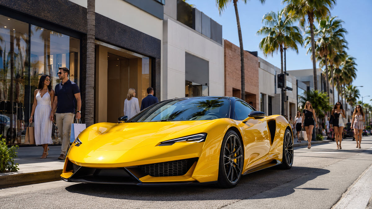 Yellow exotic supercar on a palm-lined Beverly Hills luxury shopping boulevard with stylish shoppers