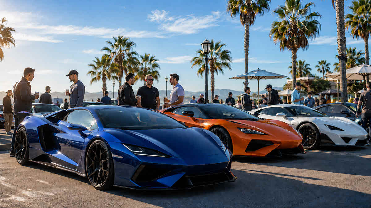 Cars and Coffee meet in Southern California with luxury supercars and enthusiasts on a sunny morning