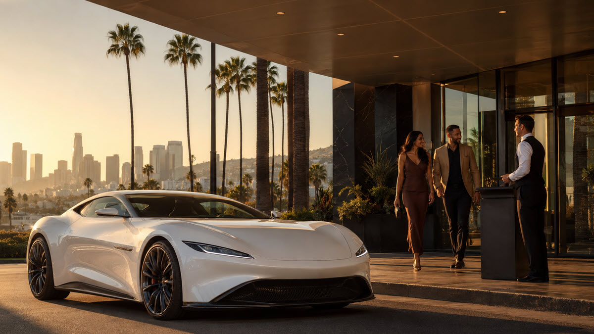 Pearl white exotic luxury car at a Los Angeles hotel entrance at golden hour with guests arriving