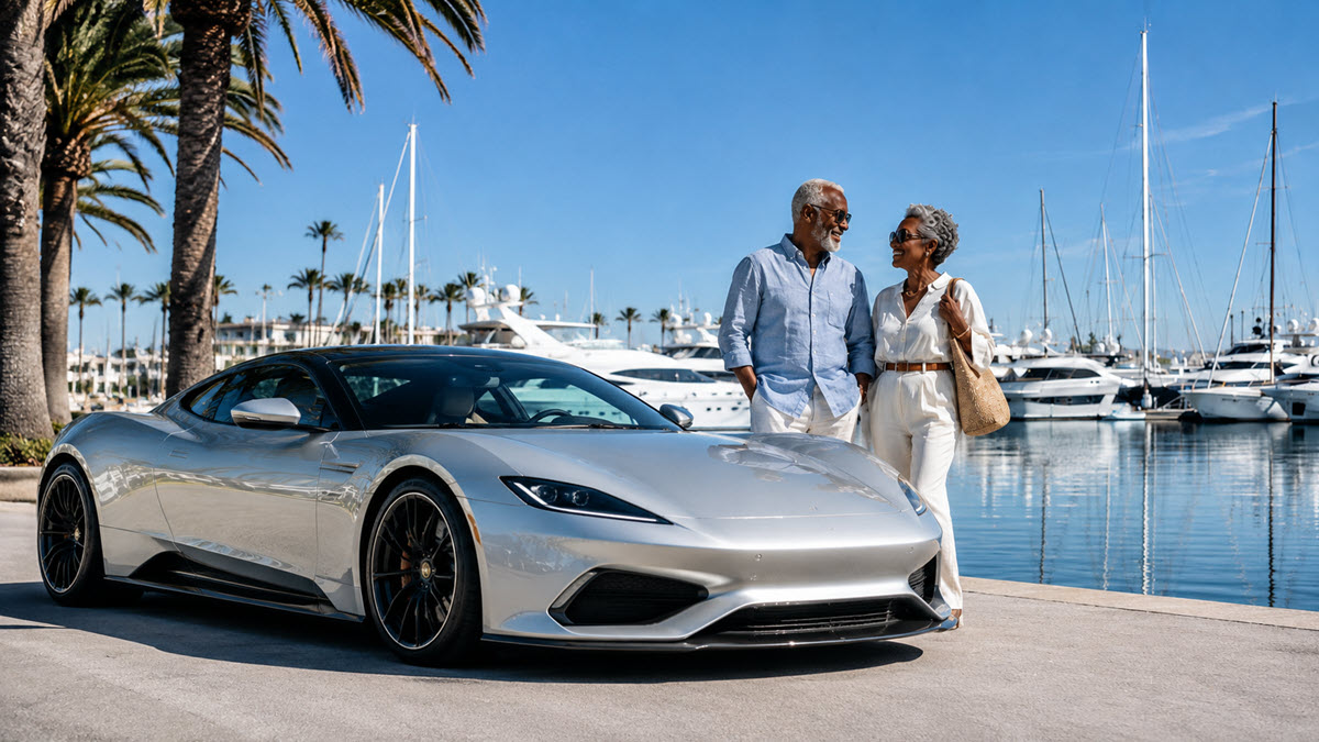 Silver exotic supercar at a Newport Beach harbor marina with luxury yachts and a stylish couple
