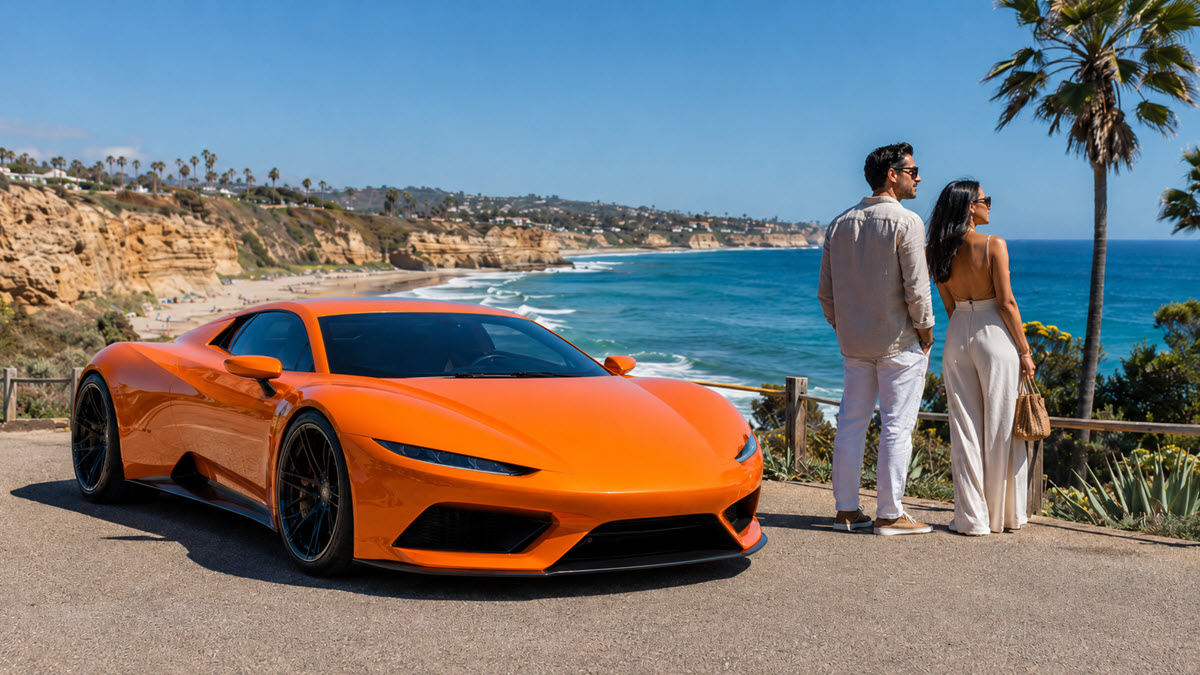 Orange exotic supercar at a La Jolla coastal bluff in San Diego with a couple overlooking the Pacific