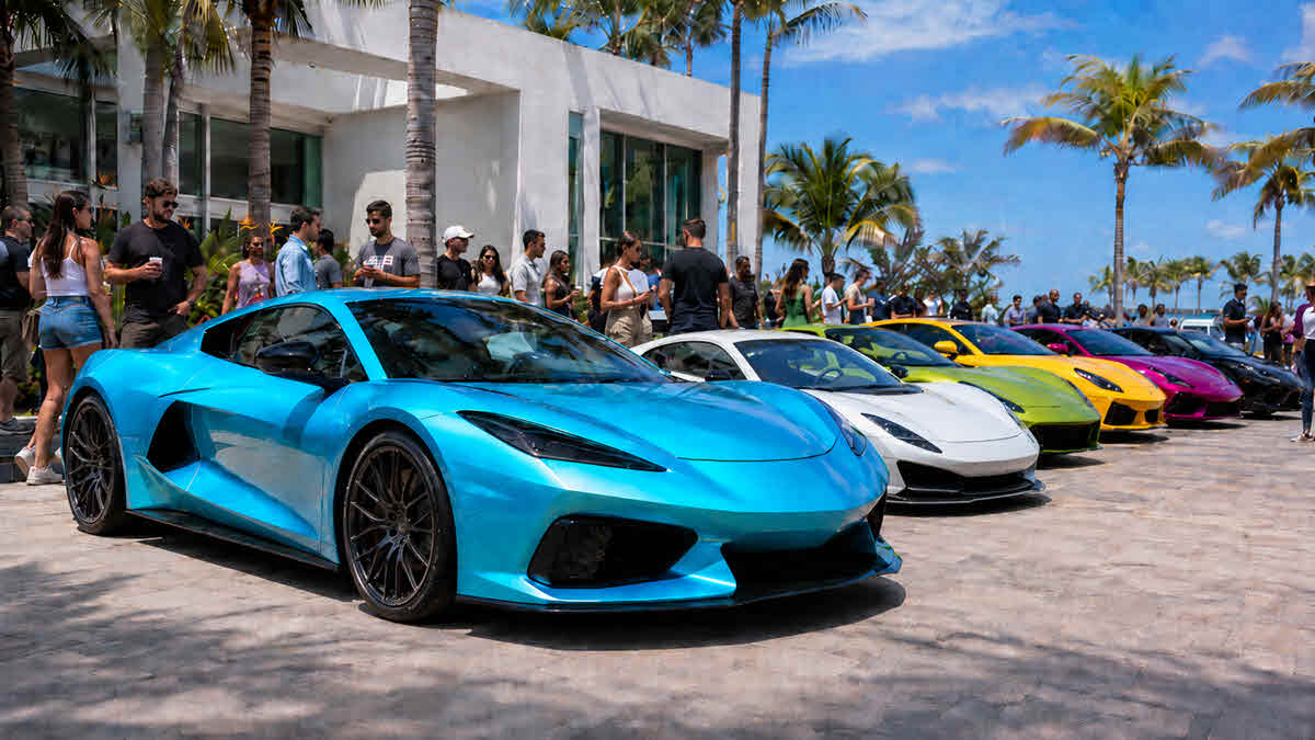 Exotic supercars and crowd at a Cars and Coffee meet in Miami, Florida with palms and a modern plaza