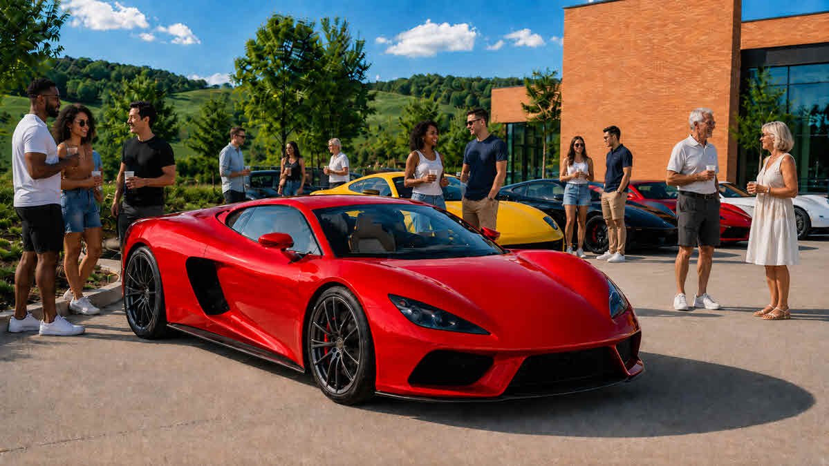 Exotic supercars and diverse crowd at a Cars and Coffee meet near Nashville, Tennessee with rolling hills