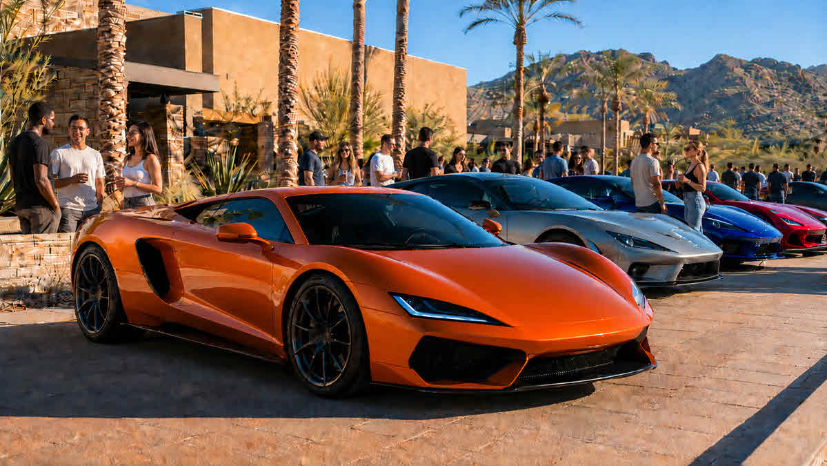 Exotic supercars at a Cars and Coffee meet in Scottsdale, Arizona with desert palms and mountains