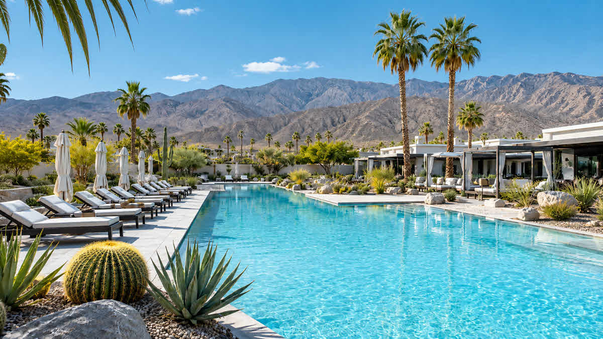 Luxury desert resort pool in Palm Springs California with mountain views