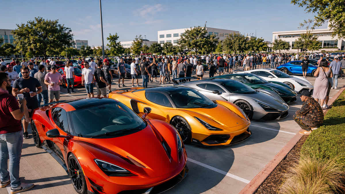 Diverse crowd enjoying a sunny Cars and Coffee Houston gathering with colorful exotic cars and supercars in a parking lot.