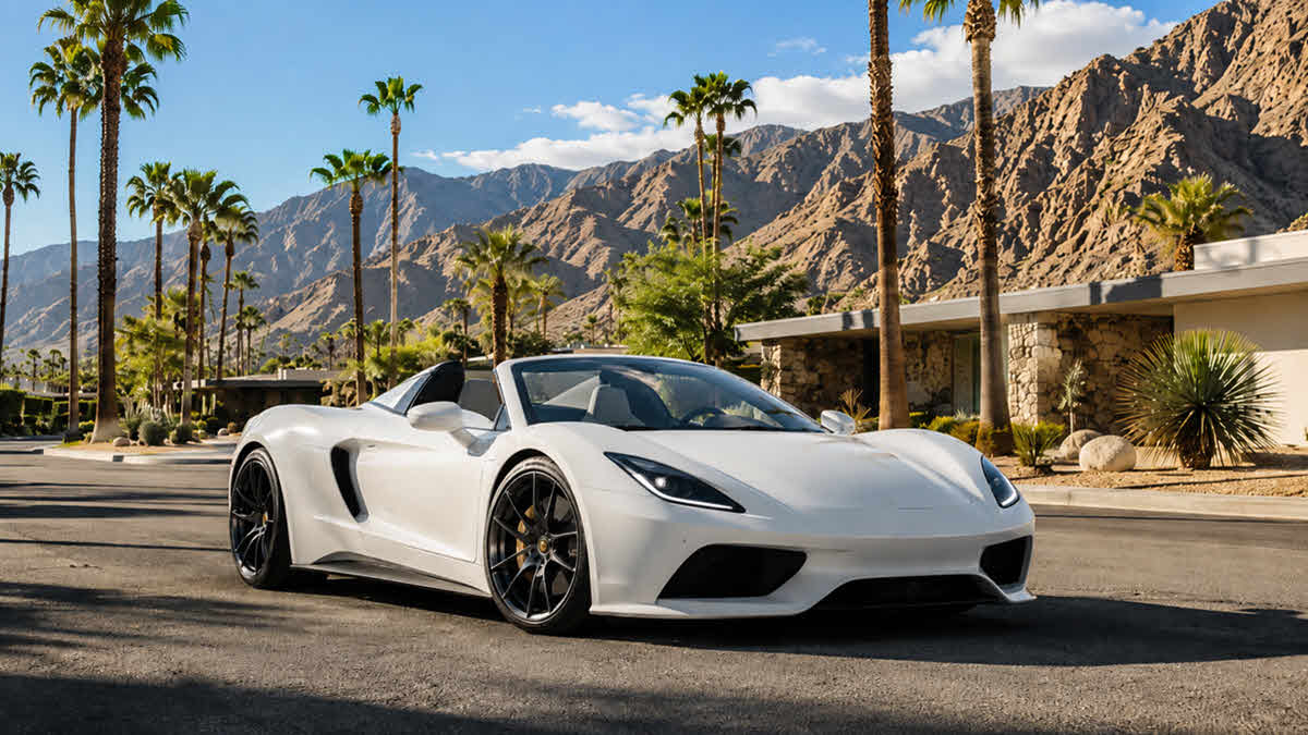 White exotic convertible supercar parked on a palm-lined desert road in Palm Springs, California, with mountains and mid-century architecture