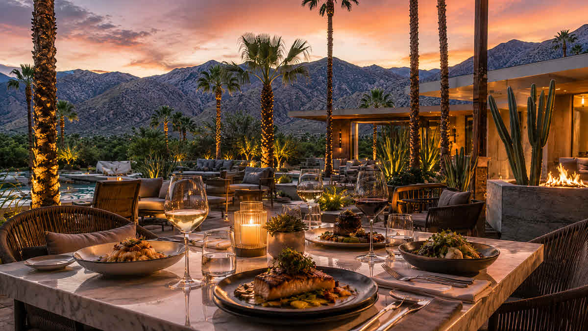 Fine dining at sunset on a Palm Springs desert patio with San Jacinto mountain views, palm trees, wine, and a poolside fire feature