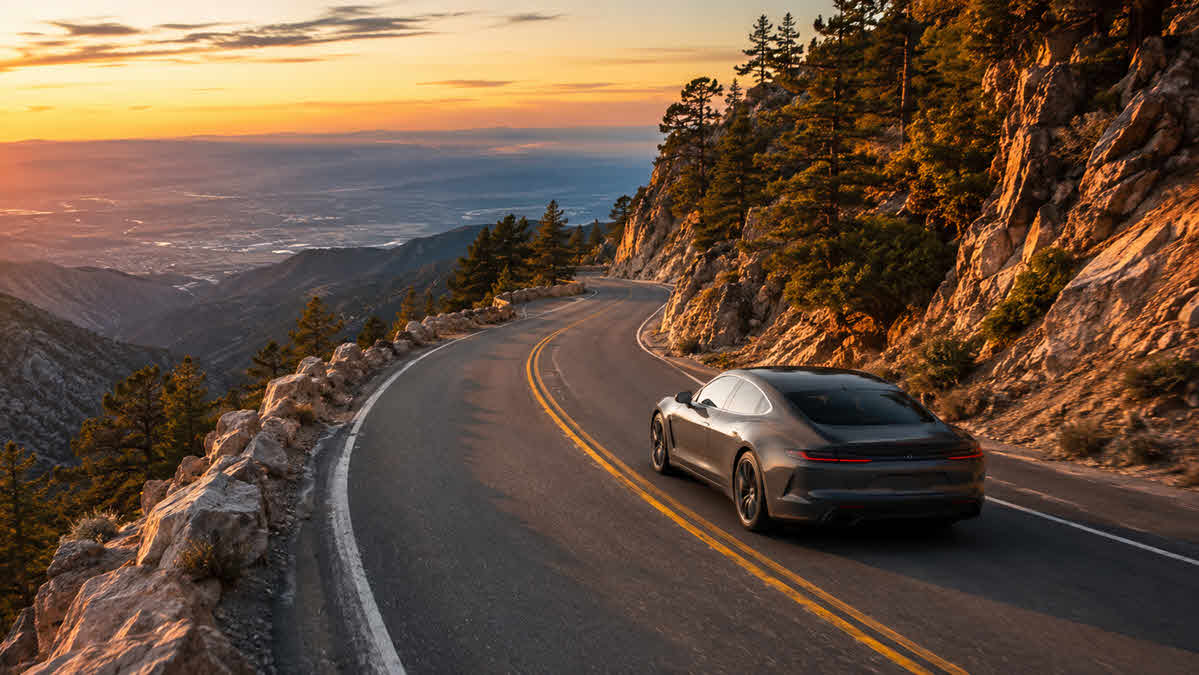 Luxury car driving on the Palms to Pines scenic mountain road above Palm Springs at golden hour with Coachella Valley views.