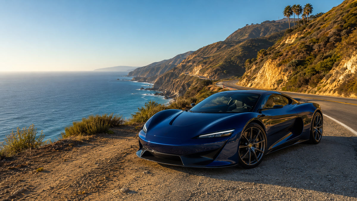 Midnight-blue exotic luxury car on a Southern California coastal scenic drive above the Pacific